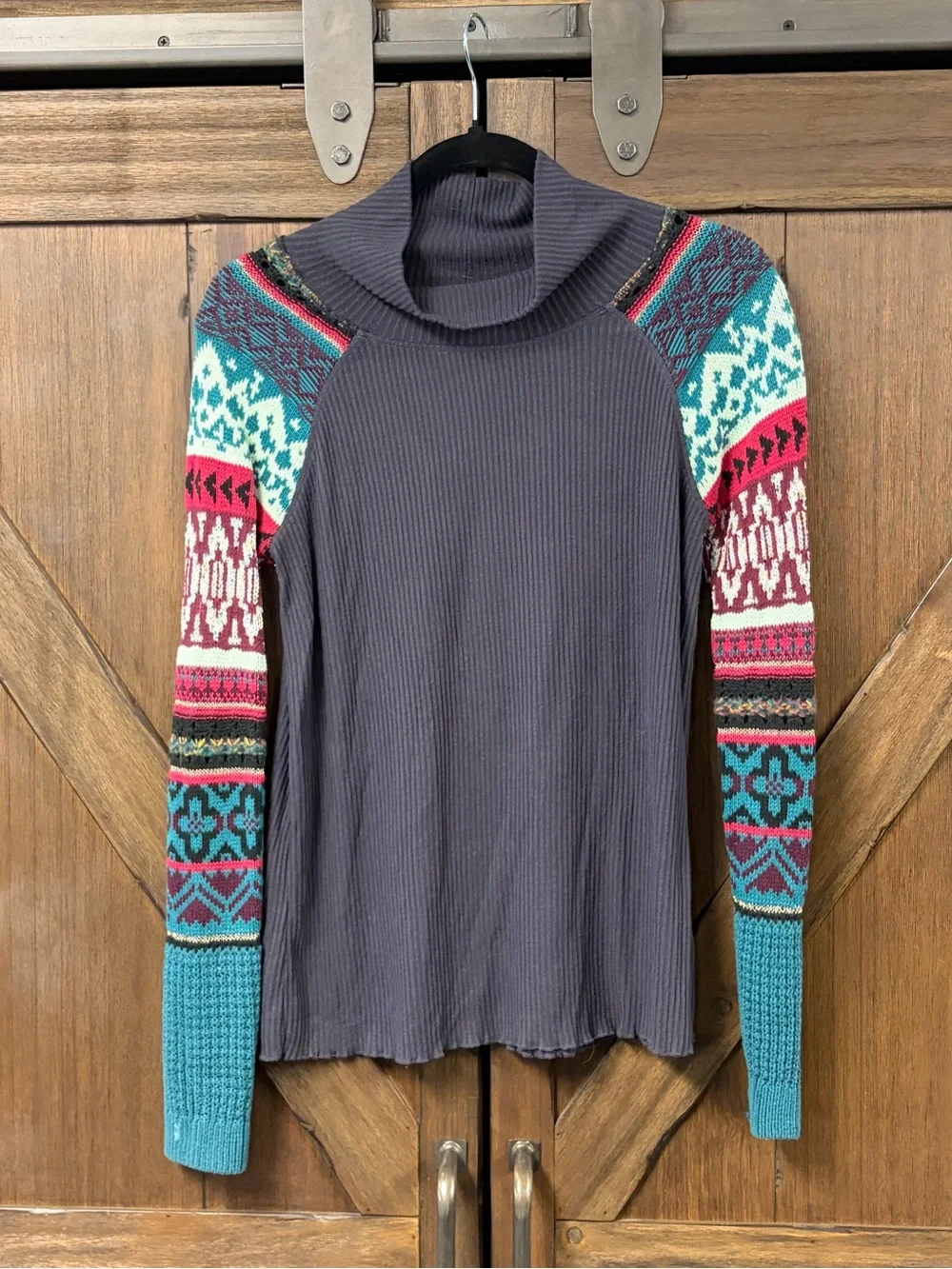 Free People Prism Fair Isle Sweater Gray Ribbed Boho Thermal Pullover Top Size M